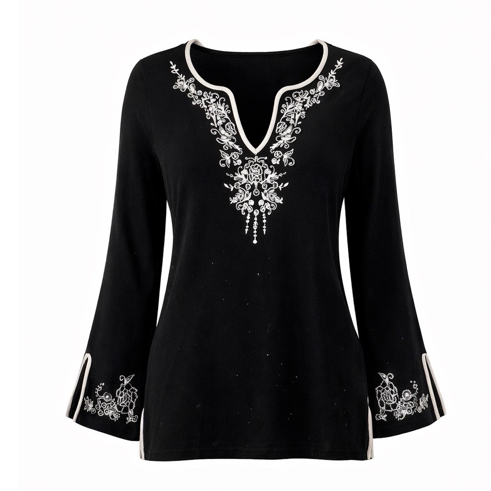 INC International Concepts Women L Black Floral Embroidered Knit Top Boho‎
